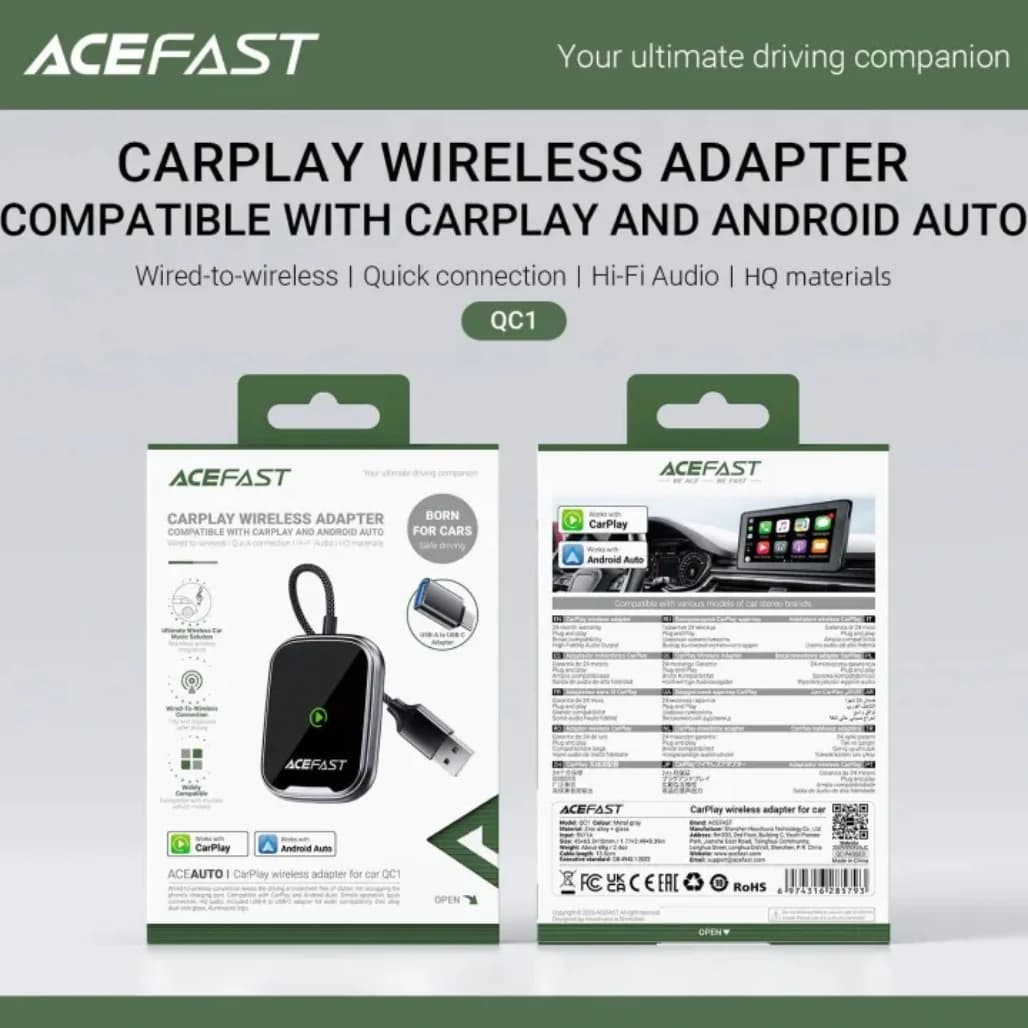 ACEFAST QC1 USB-A Wireless CarPlay & Android Auto Adapter