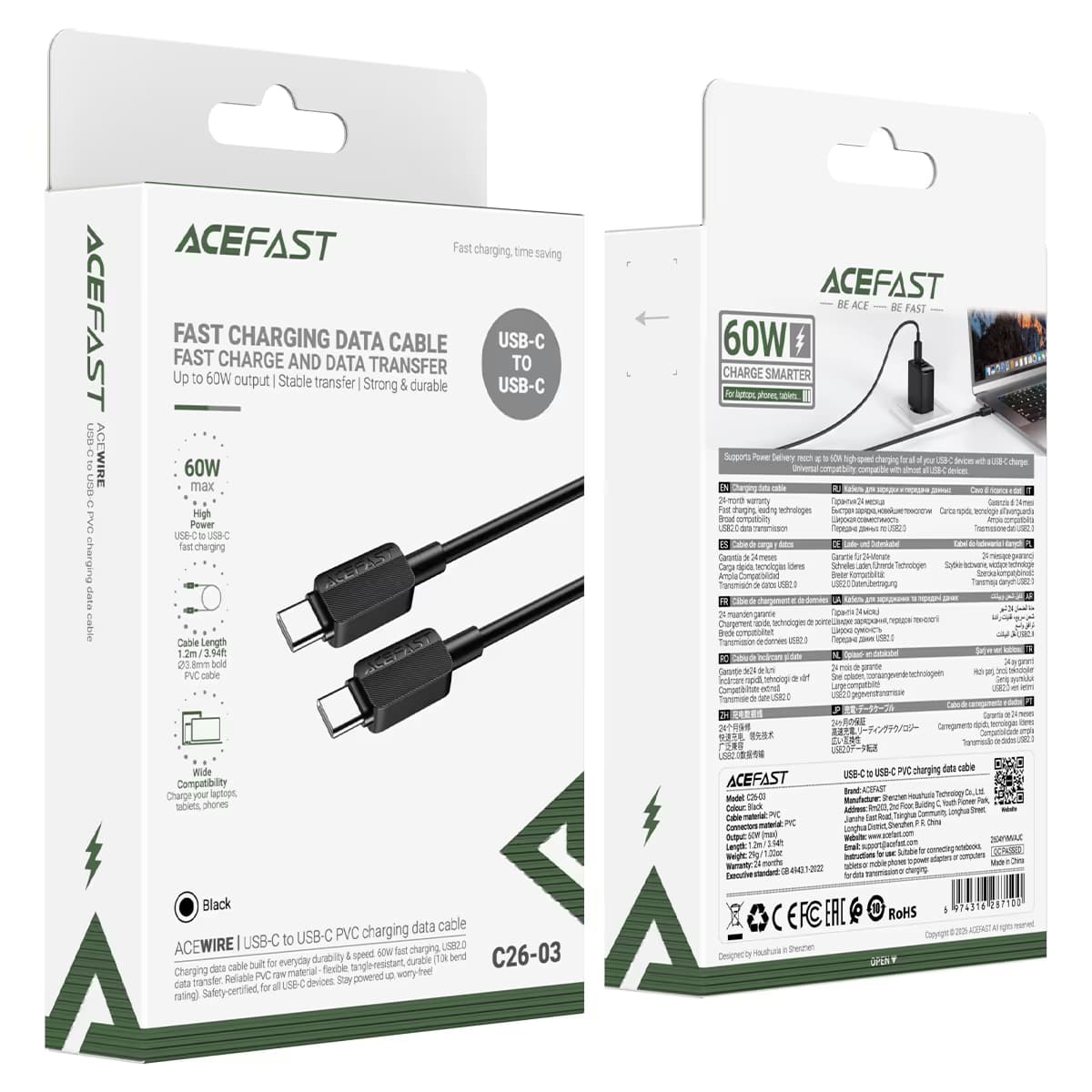 ACEFAS Charging Data Cable USB-C to USB-C 60W